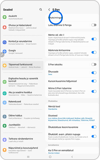 S Peni menüüs on valitud õhukäsklused