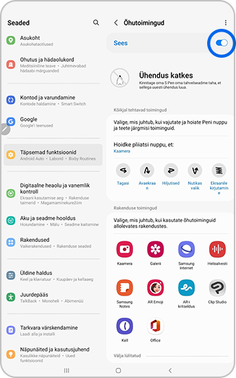 Õhukäskluste lüliti on sisse lülitatud
