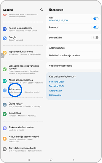 Seadete menüüs on valitud Rakendused