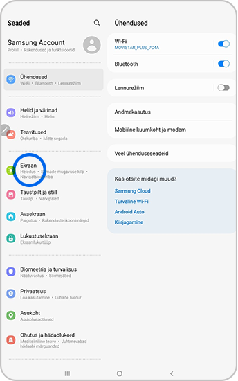 Seadete menüüs on valitud Ekraan