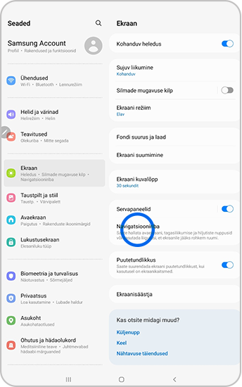 Ekraani seadetes on valitud Navigeerimisriba