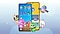يظهر هاتفان ذكيان هنا. يعرض الهاتف الذي في المقدمة أيقونات تطبيق Samsung Kids. ويعرض الهاتف الذي في الخلف واجهة المستخدم لتطبيق Samsung Kids. تتجمع شخصيات قرية Samsung Kids: كوكي وكروكرو وبوبي وليزا وفين، بالقرب من الهاتفين.