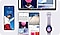 جهاز Galaxy Z Flip على اليسار، وعلى شاشته صورة خلفية وأداة ساعة رقمية. وبجواره تظهر شاشة هاتف Galaxy Z Fold مقسمةً إلى ثلاثة أقسام، وفوقها يظهر شريط مهام جهاز Galaxy Tab. وعلى اليمين توجد ساعة Galaxy Watch ويظهر منها تصميم الشاشة الرئيسية.