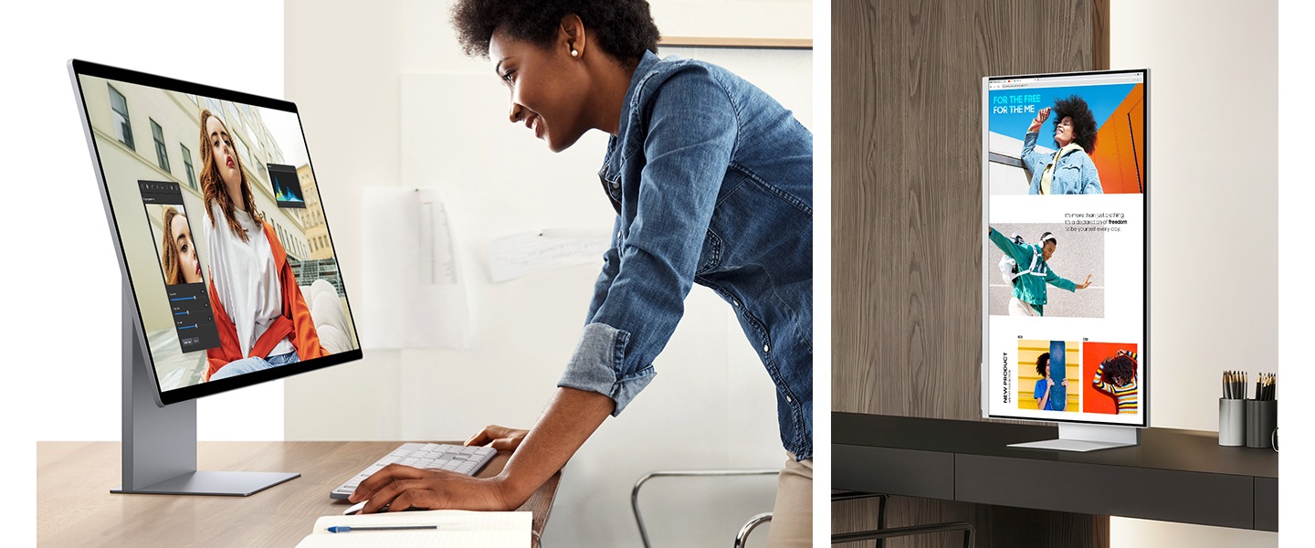 تظهر سيدة تعمل على شاشة مائلة. وتدور شاشة أخرى لتعرض شاشة أطول. تعاود الشاشة الاستدارة ويتم تخفيض طول الحامل.