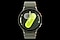 ساعة Galaxy Watch7 ذات خلفية داكنة تعرض الوقت مع رقم 7 كبير باللون الأصفر المضيء