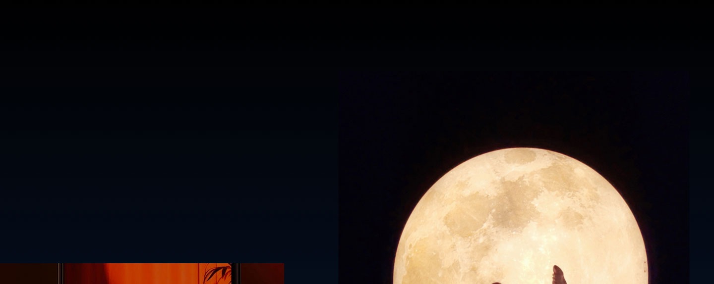 Primero: Mujer bañada en luz naranja en la pantalla de un aparato que se sostiene con una mano. Segundo: Chica joven con coleta haciendo una patada alta delante de la luna.