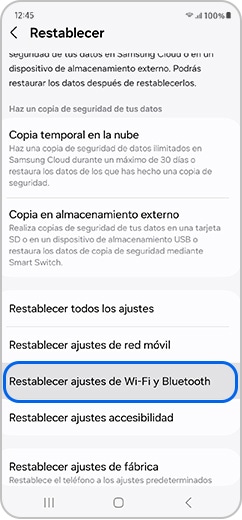 Seleccionar reestablecer ajustes de Wifi y Bluetooth