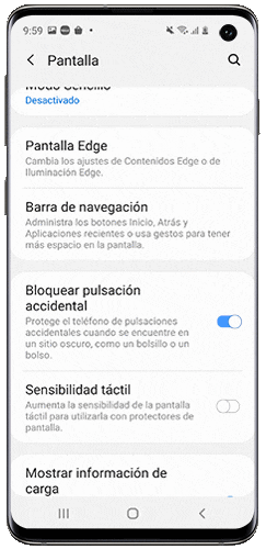 Activando el interruptor de Sensibilidad táctil aumentarás la sensibilidad de la pantalla para compensar la pérdida causada por el protector de pantalla.
