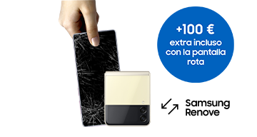 Uma mão a agarrar um Galaxy Z Flip3 na cor Creme dobrado está virado de frente para uma mão a segurar um Galaxy S10. Ao lado da imagem aparece o sinal de mais e o logótipo da Samsung Care+.