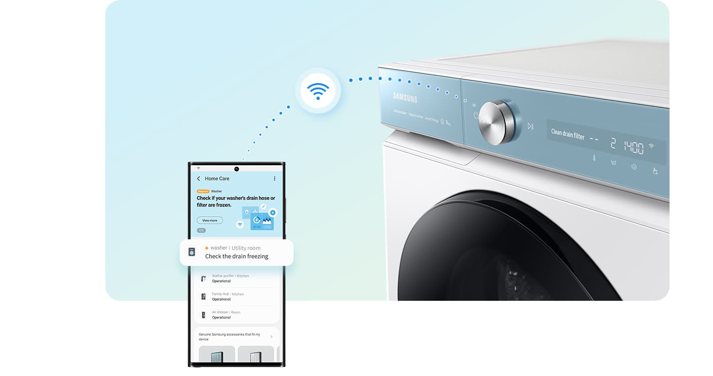 Primer plano de una lavadora Bespoke AI blanca con un panel de color azul. Un símbolo de wi-fi conecta la lavadora con Galaxy S22 Ultra, mostrando cómo la lavadora y el smartphone están vinculados mediante SmartThings. Galaxy S22 Ultra enseña una notificación que indica que hay que comprobar el desagüe.