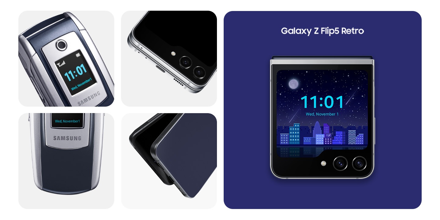 Cuatro bloques pequeños tienen imágenes individuales de SGH-E700, y se ve un Galaxy Z Flip5 Retro con la pantalla lleva de estrellas.