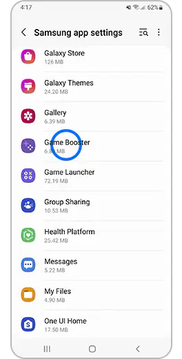 3. samm. Kuva „Samsungi rakenduse seaded“, kus on märgistatud valik „Game Booster“.