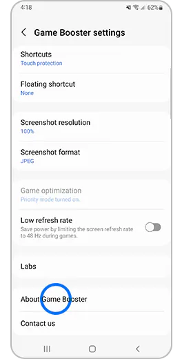 4. samm. „Game Boosteri seadete“ kuva, kus on märgistatud „Game Boosteri teave“.