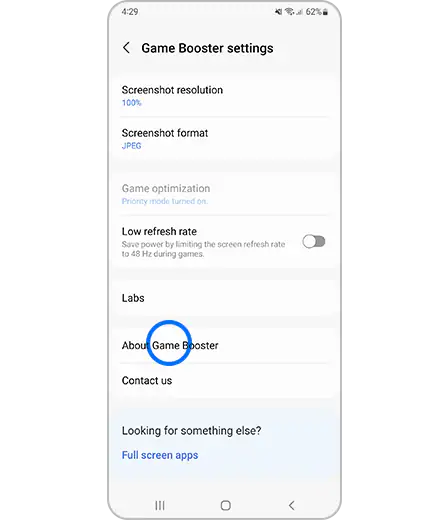 2. samm. „Game Boosteri seadete“ kuva, kus on märgistatud „Game Boosteri teave“.