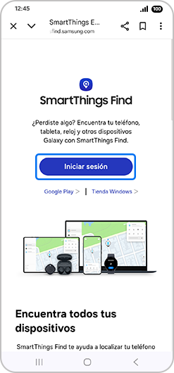 Pantalla de “SmartThings Find” con “Iniciar sesión” resaltado.