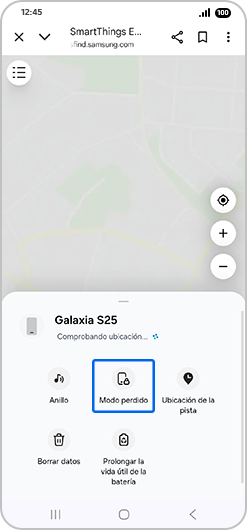 Pantalla de “Galaxy S25” con “Modo perdido” resaltado.