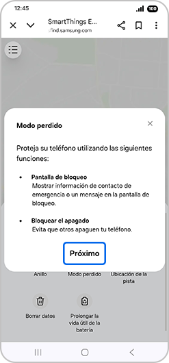 Menú emergente de “Modo perdido” con “Próximo” resaltado.