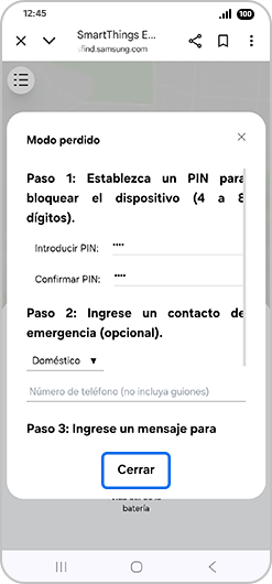Menú emergente de "Modo perdido" con “Cerrar” resaltado.