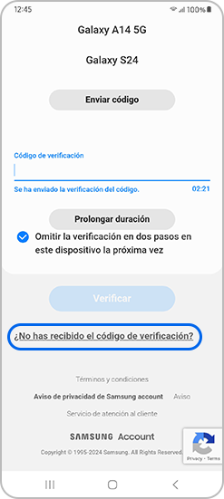 Haz clic en el botón no he recibido el código de verificación