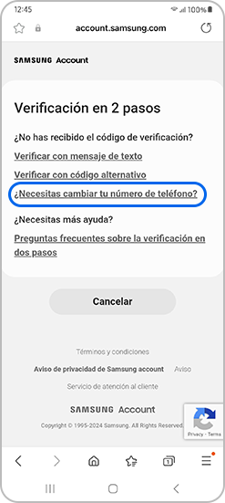 Pulsa ¿Necesitas cambiar tu número de teléfono? en el menú de verificación de dos pasos.