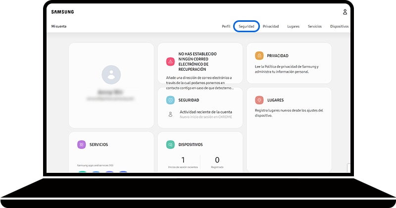 La seguridad está seleccionada en la sección Mi cuenta del sitio web de la cuenta Samsung