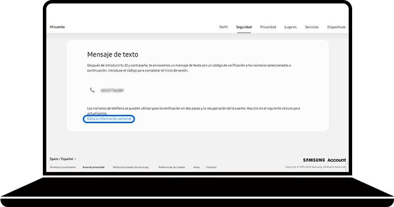 Editar la información personal seleccionada en la sección Mensajes de texto del sitio web de la cuenta Samsung