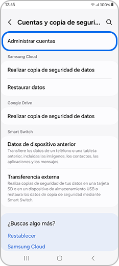 Gestionar las cuentas seleccionadas en Cuentas y copia de seguridad