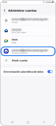 Cuenta Samsung seleccionada en Gestión de cuentas