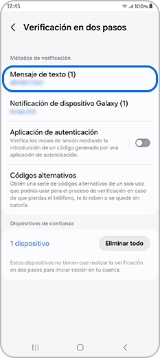 Mensaje de texto seleccionado en Métodos de verificación en el menú Verificación de dos pasos