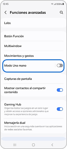 Pulse Modo a una mano en funciones avanzadas