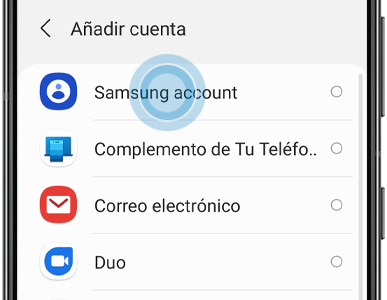 La opción Samsung Account se encuentra dentro del menú Añadir cuenta.