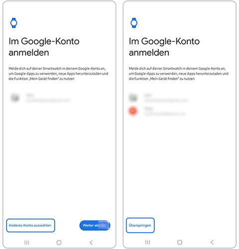 Zwei Screenshots Einrichtung der Warch Anmeldung des Google Kontos
