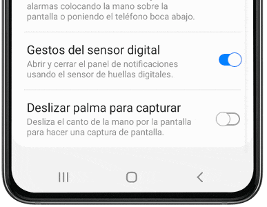 La opción de Deslizar palma para capturar se encuentra dentro del menú de Movimientos y gestos.