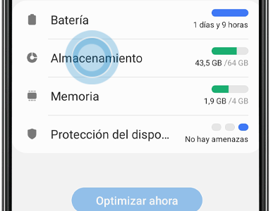 La opción Almacenamiento te permite ver el contenido de la memoria interna y externa de tu dispositivo.