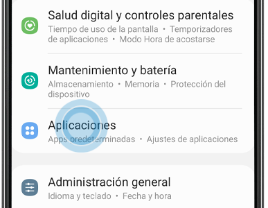 La opción Aplicaciones se encuentra dentro del menú de Ajustes