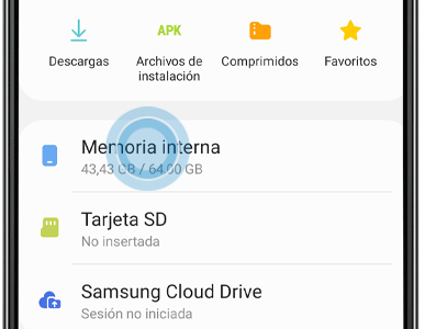 La opción de memoria interna está dentro de la aplicación Mis Archivos.