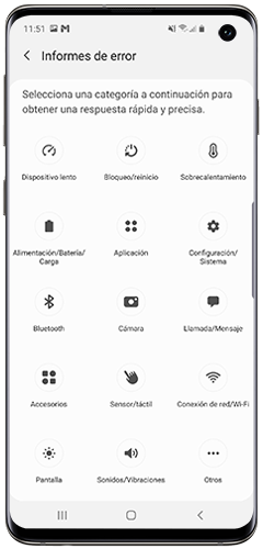 La imagen muestra las categorías disponibles para enviar un informe de error en la aplicación Samsung Members