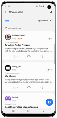 La imagen muestra la sección de la Comunidad de la aplicación Samsung Members