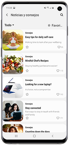 La imagen muestra la sección de Noticias y Consejos de la aplicación Samsung Members