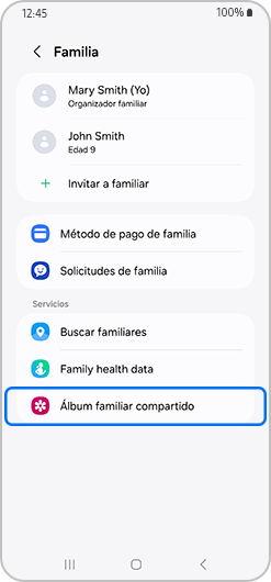 pantalla familiar con Álbum familiar compartido seleccionado