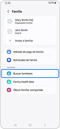 pantalla familiar con Buscar miembros de la familia seleccionado