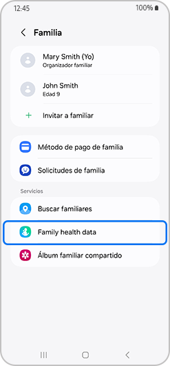 pantalla familiar con Buscar miembros de la familia seleccionado
