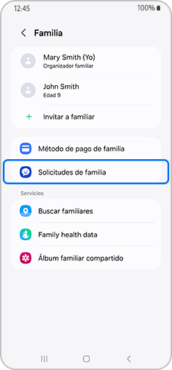 Solicitudes familiares resaltadas en la pantalla de Familia.