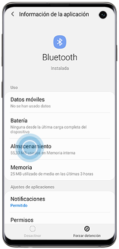La opción de Almacenamiento se encuentra dentro del menú Bluetooth.