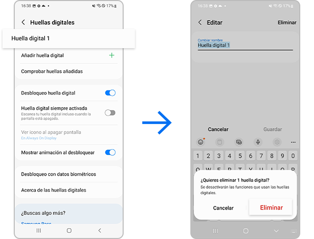eliminar reconocimiento de huellas digitales