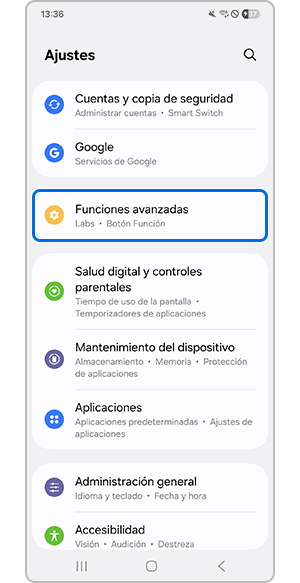 Selección del menú Funciones avanzadas