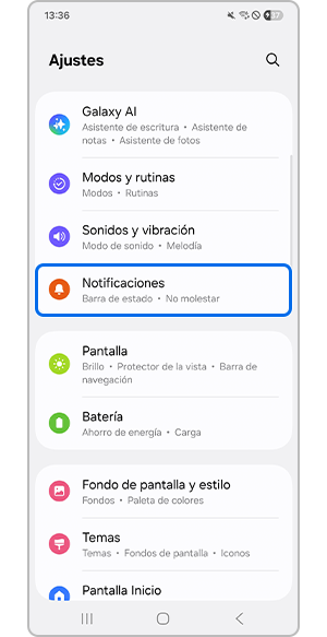 Selección del menú de notificaciones