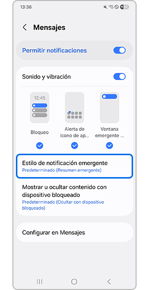 Selección del estilo de notificación emergente