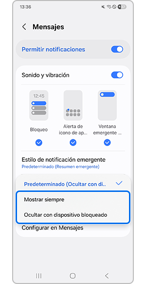 Toca Mostrar siempre u Ocultar con dispositivo bloqueado