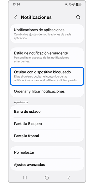 Selección de Ocultar con dispositivo bloqueado